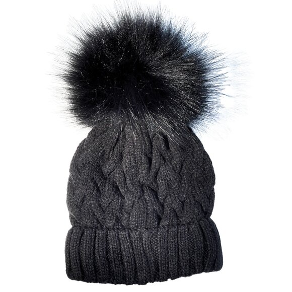 Kid's Adrienne Landau Cable Knit Beanie with Faux Fur Pom in